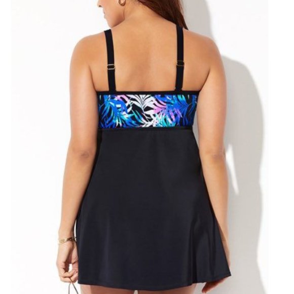 Swimsuits For All Black and Blue Tropical Swim Dress NWT - Picture 2 of 7